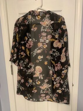 Wallflower Black Floral Sheer Duster with Pink and Yellow Blooms